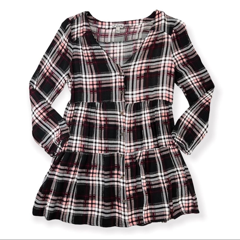 Plaid Long Sleeve Button Front High Waist A Line Shirt Dress size Large